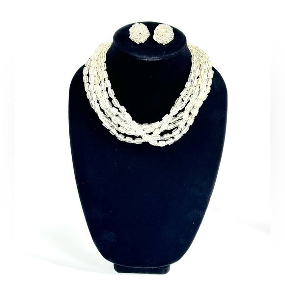 Vintage Art Deco Style Glass Bead Multi Strand Bib Necklace And Earrings Set - Picture 2 of 4